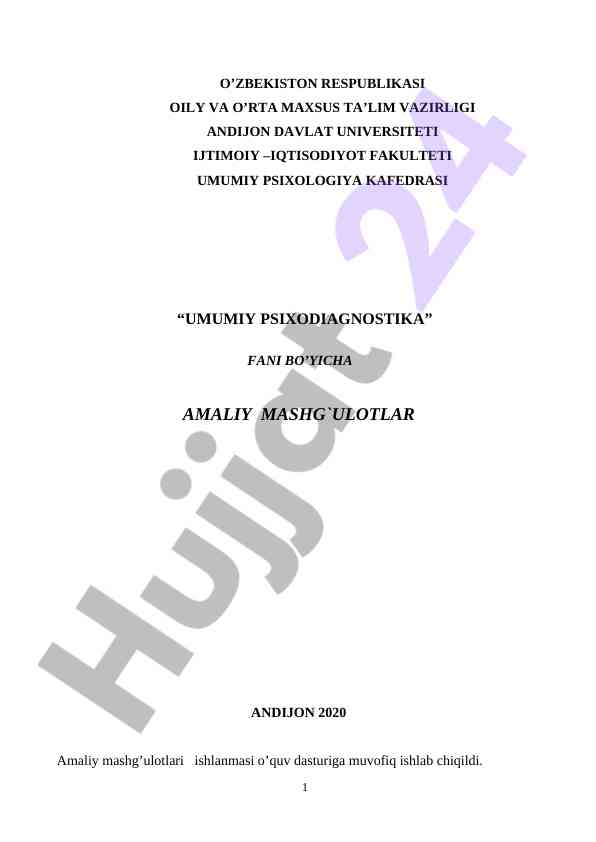 Umumiy psixodiagnostika fani bo'yicha amaliy mashg'ulotlar