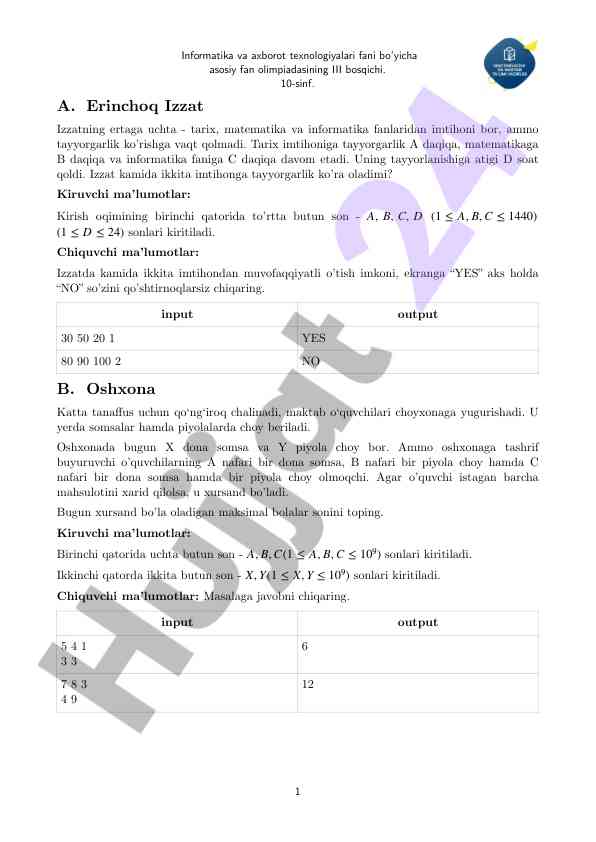 Informatika olimpiadasi imtihoniga tayyorlanish