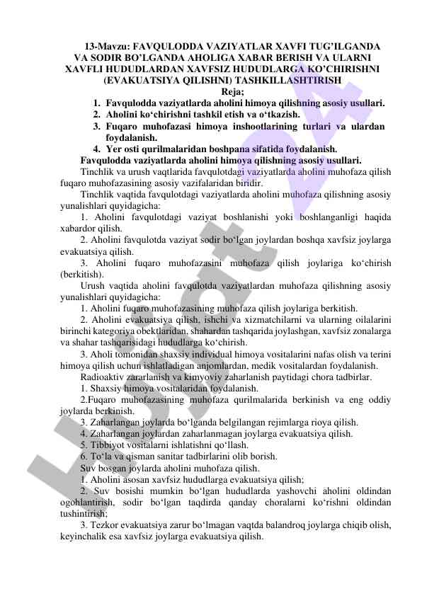 Favqulodda vaziyatlarda aholini himoya qilish usullari