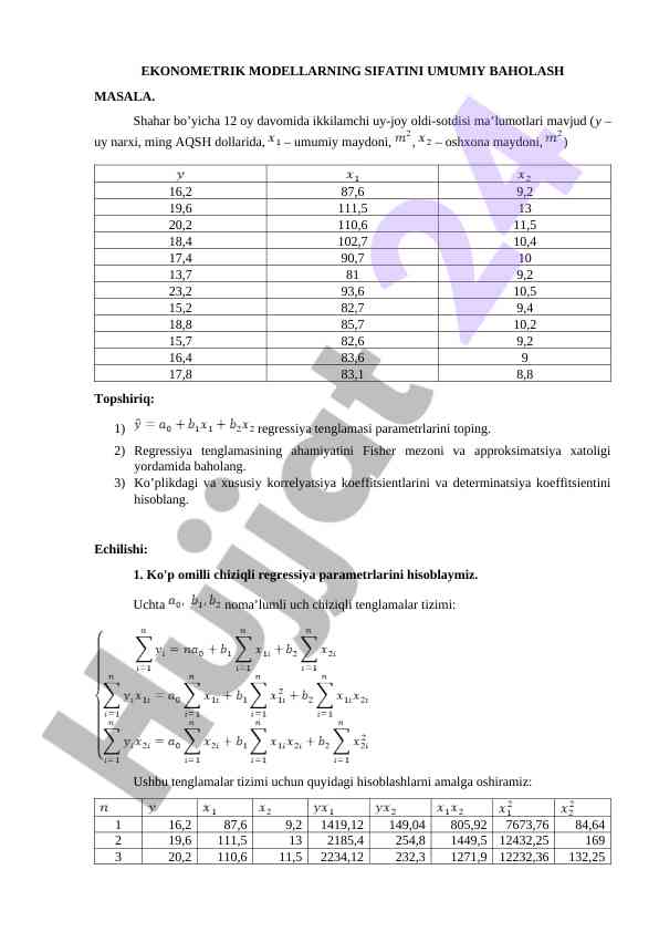Ekonometriya modellarining sifatini baholash masalalari