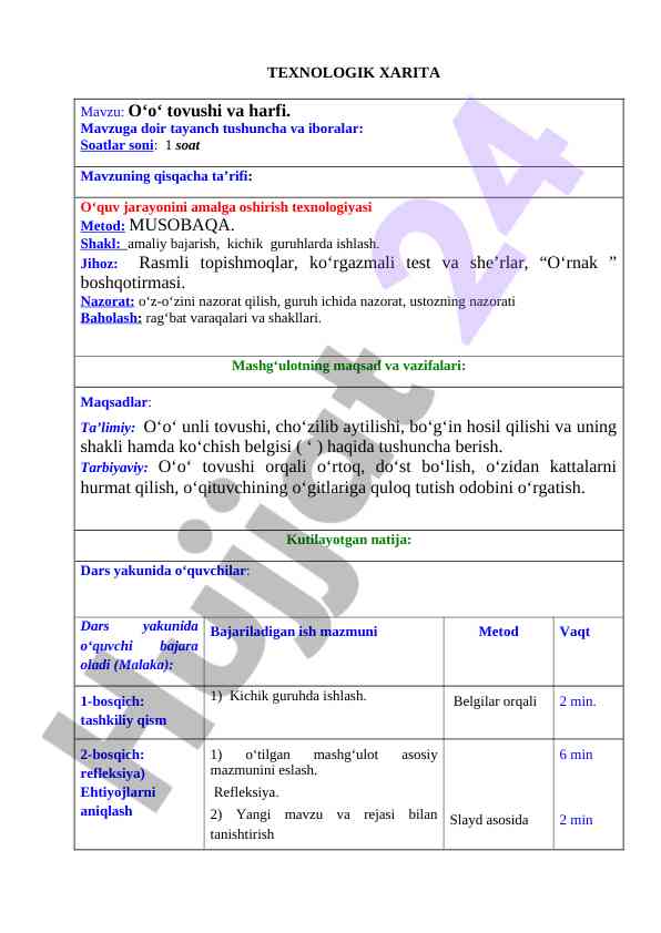 O‘O‘ Tovushi Va Harfi Mavzusida Dars Ishlanmasi