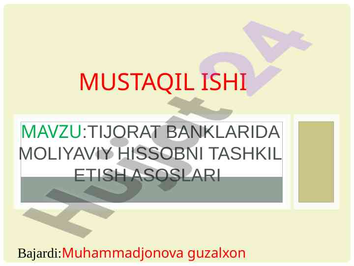 Tijorat banklarida moliyaviy hissobni tashkil etish