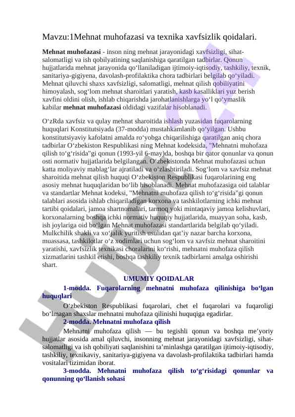 Mehnat muhofazasi va texnika xavfsizlik qoidalari