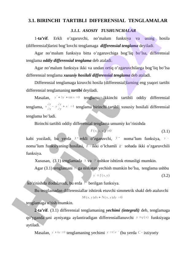 Differensial tenglamalarning asosiy tushunchalari