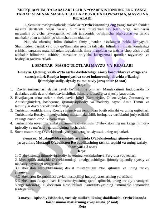 O‘zbekistonning eng yangi tarixi seminar mavzulari