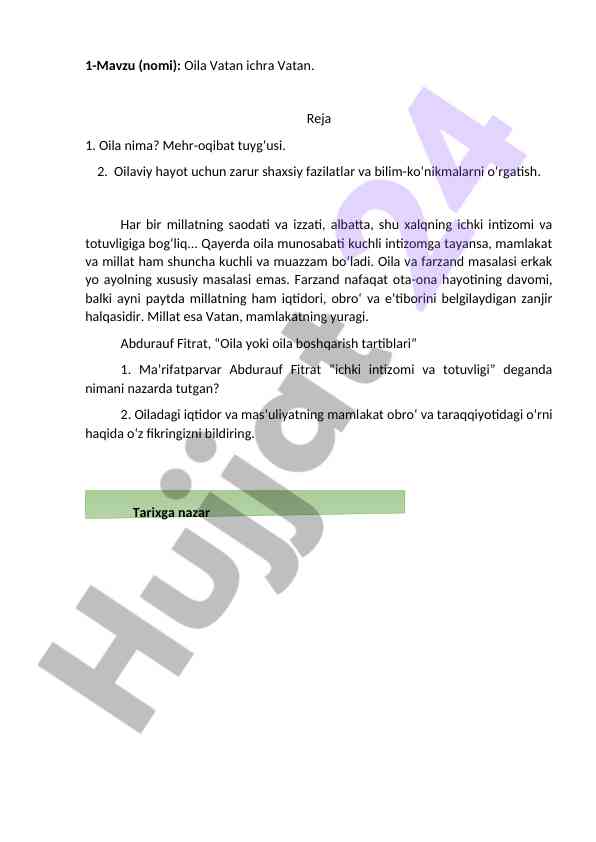 Oila vatan ichra vatan mavzusi tahlili