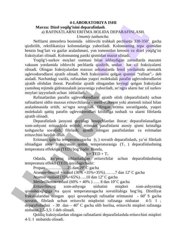Dizel yoqilg‘isini deparafinlash jarayoni