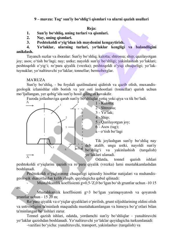 Tog‘ sun'iy bo‘shlig‘i qismlari va kazi usullari