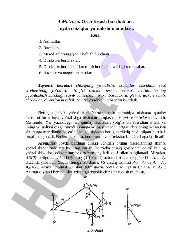 Orientirlash burchaklari va azimutlar haqida ma’ruza