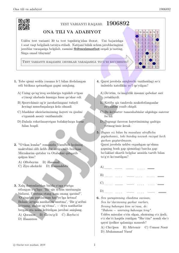 Ona tili va adabiyot test variantlari