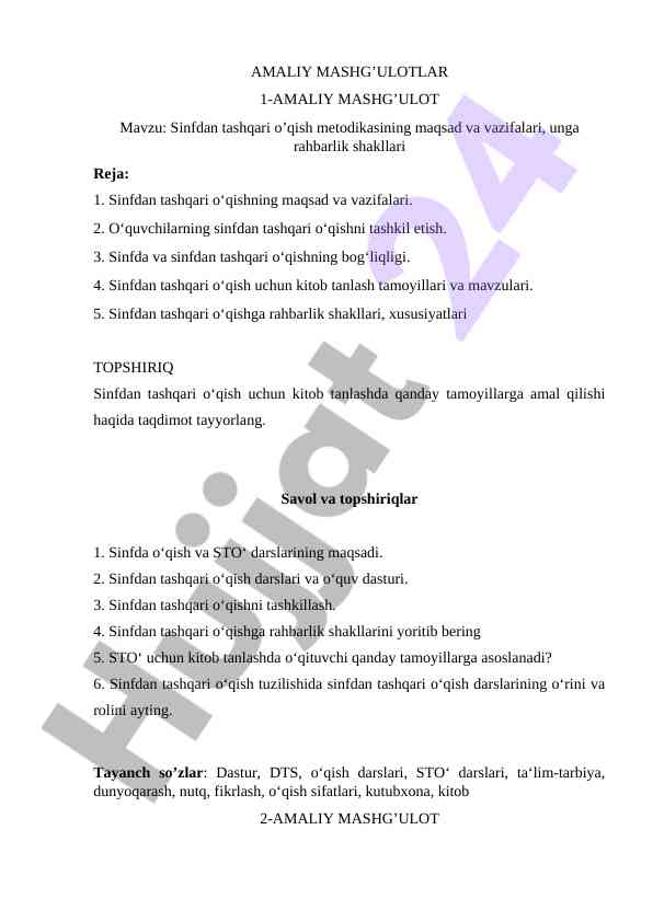 Sinfdan tashqari o‘qish metodikasi mavzusi