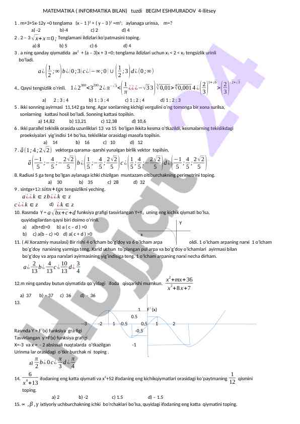 Matematika informatika bilan test savollari