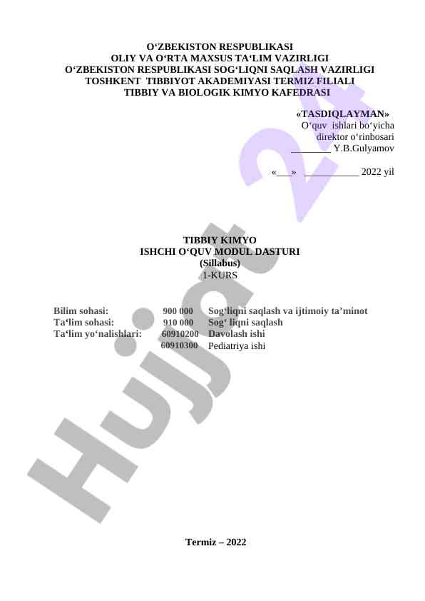 Tibbiy kimyo ishchi o‘quv modul dasturi sillabus