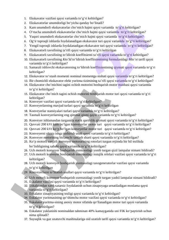 Ekskavatorlar unumdorligi va tavsiflari