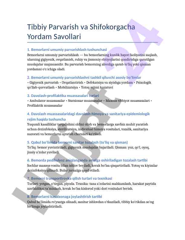 Tibbiy parvarish va shifokorgacha yordam savollari