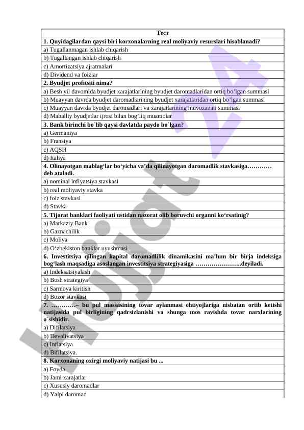 Moliyaviy resurslar haqida test savollari