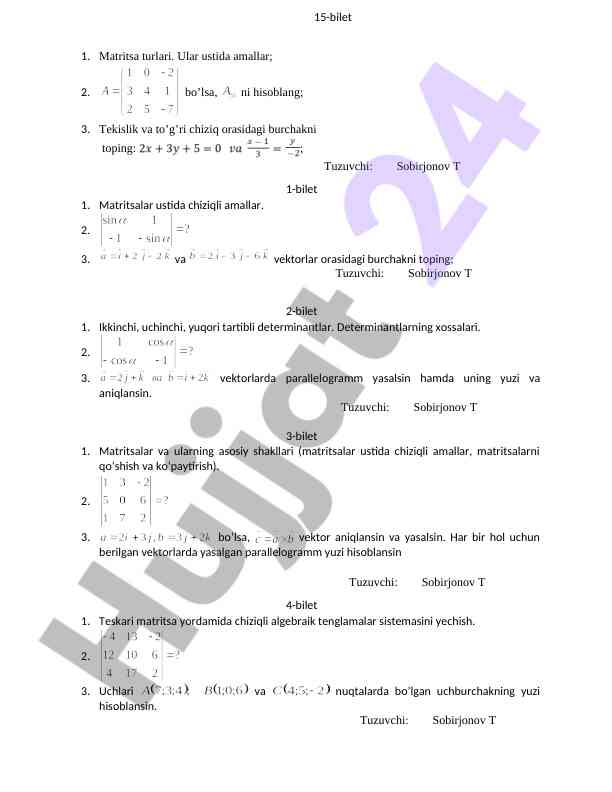 Matritsalar va chiziqli algebraik tenglamalar testi