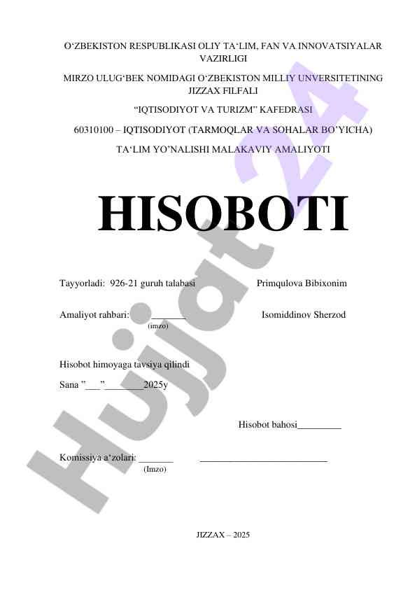 Iqtisodiyot va turizm malakaviy amaliyoti hisoboti