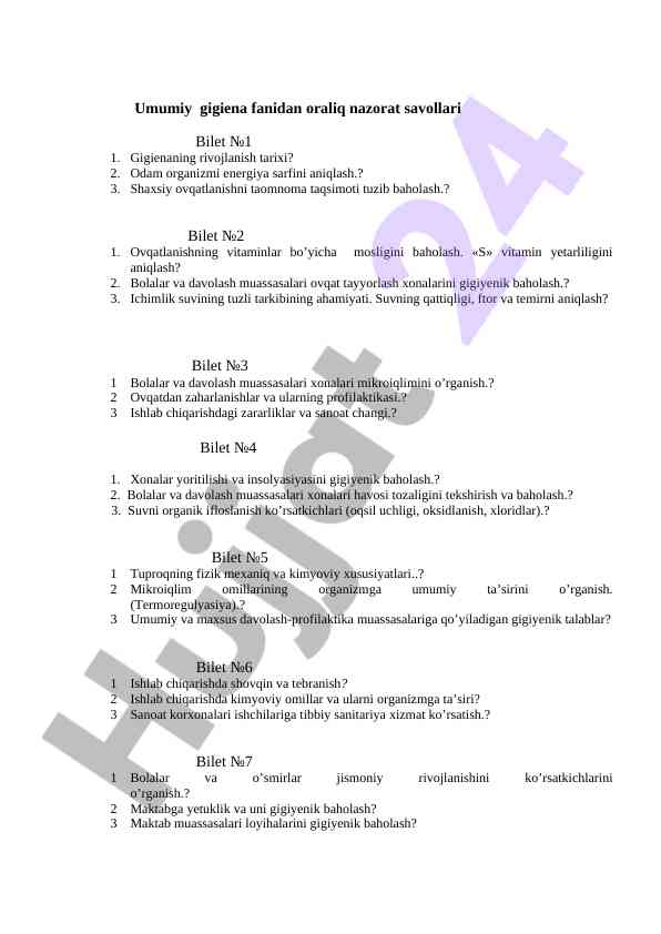 Umumiy gigiena fanidan oraliq nazorat savollari