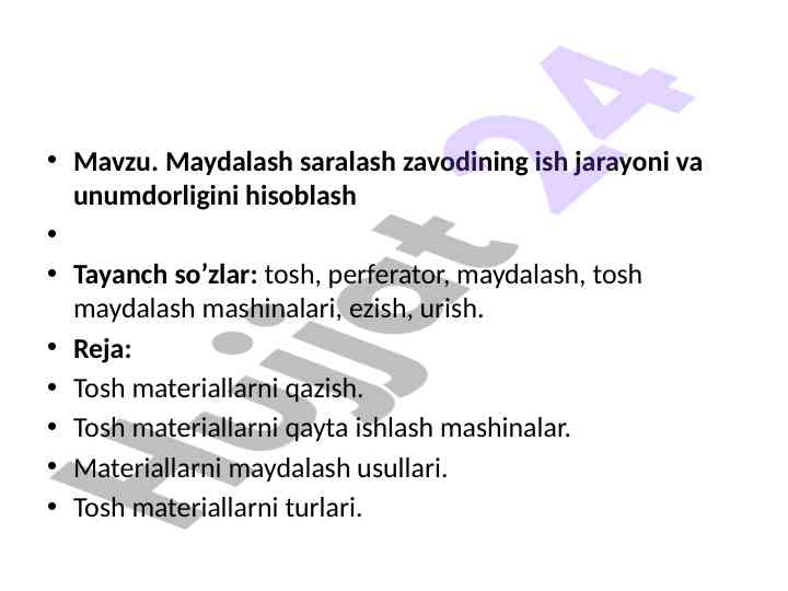 Maydalash saralash zavodi ish jarayoni va unumdorligi