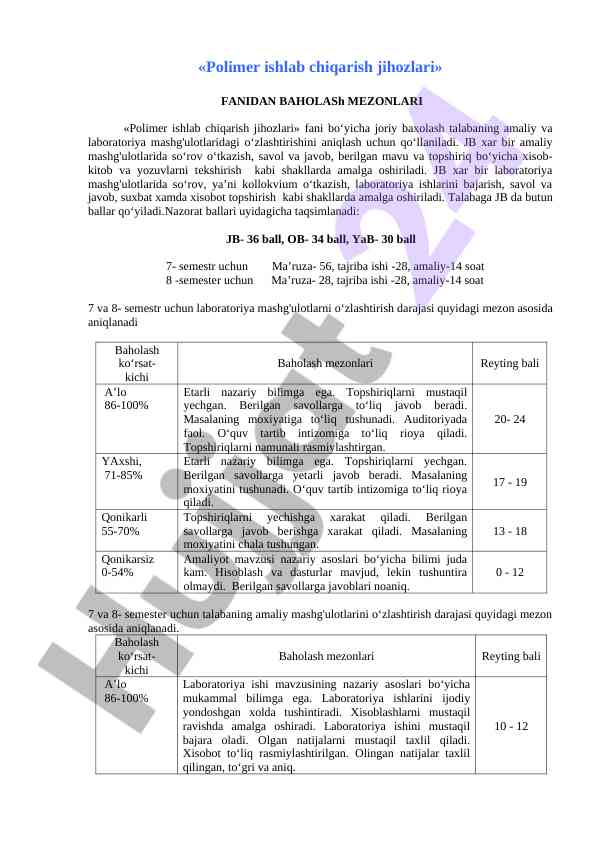 Polimer ishlab chiqarish jihozlari baholash mezonalari