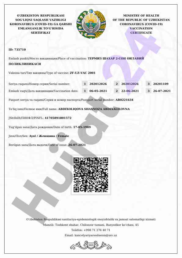 Koronavirusga qarshi emlash to'g'risida sertifikat