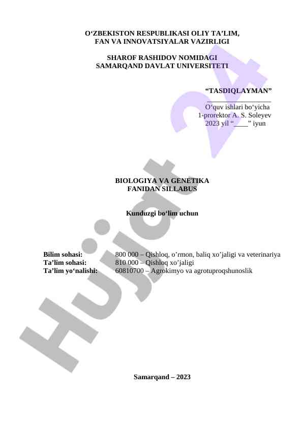 Biologiya va genetika fanidan syllabus 2023