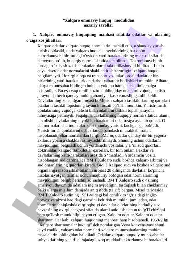 Xalqaro ommaviy huquq nazariy savollari
