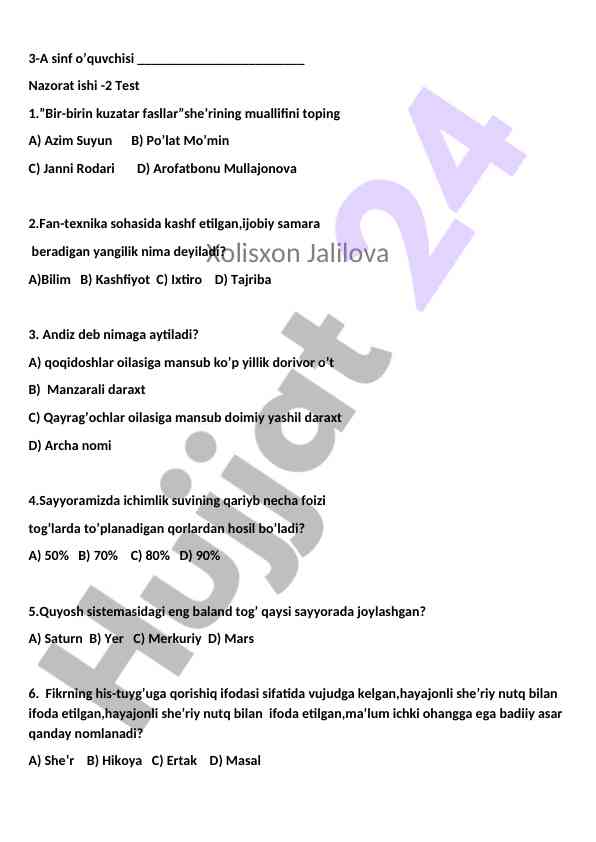 Nazorat ishlari: 3-a sinf o'quvchilari uchun test