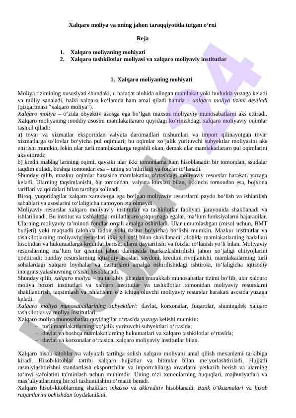 Xalqaro moliya va jahon taraqqiyotidagi o‘rni