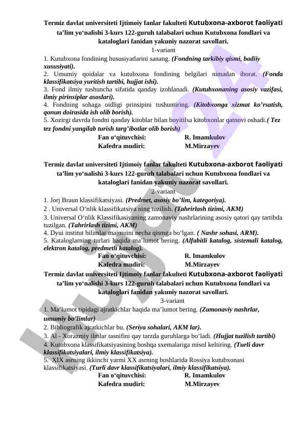 Kutubxona fondlari va kataloglari yakuniy nazorat savollari