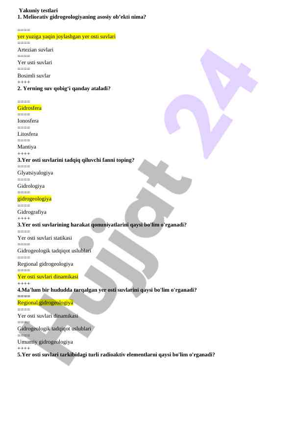 Gidrogeologiya asoslari bo‘yicha yakuniy testlar