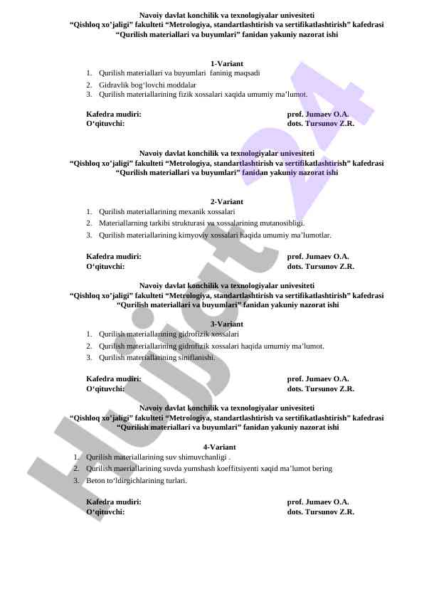Qurilish materiallari va buyumlari fanidan yakuniy nazorat