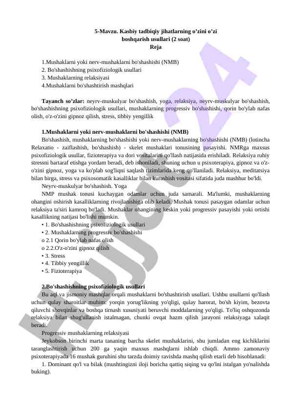 Kasbiy tadbiqiy jihatlarning o'zini o'zi boshqarish