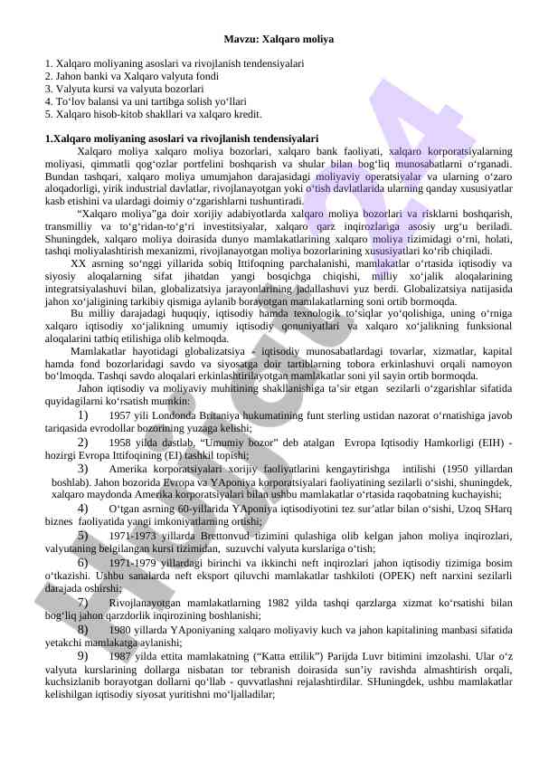 Xalqaro moliya asoslar va rivojlanish tendensiyalari