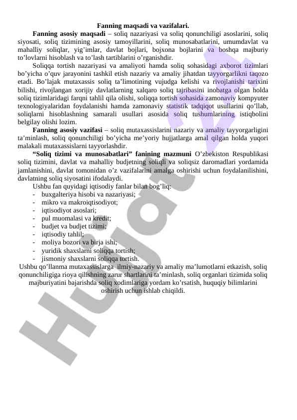 Soliq nazariyasi va qonunchiligi asoslari
