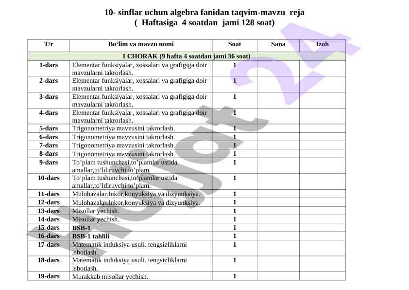 10-sinflar uchun algebra fanidan taqvim-mavzu reja