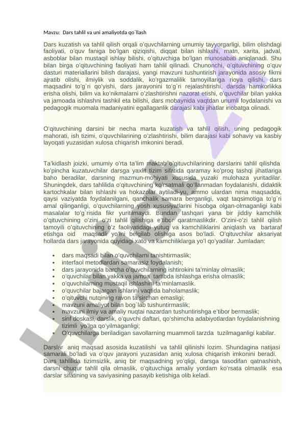 Dars tahlil va uni amaliyotda qo`llash metodologiyasi