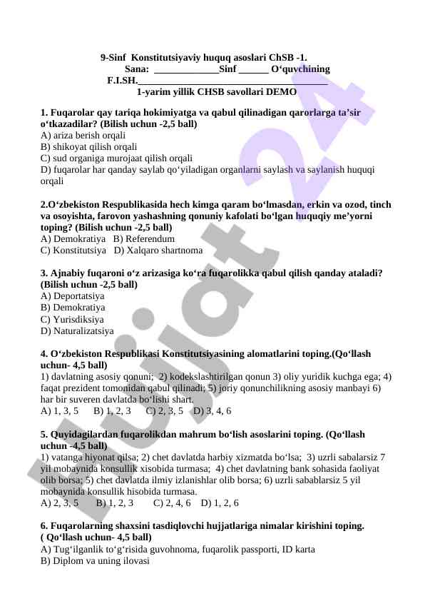 9-sinf konstitutsiyaviy huquq asoslari savollari