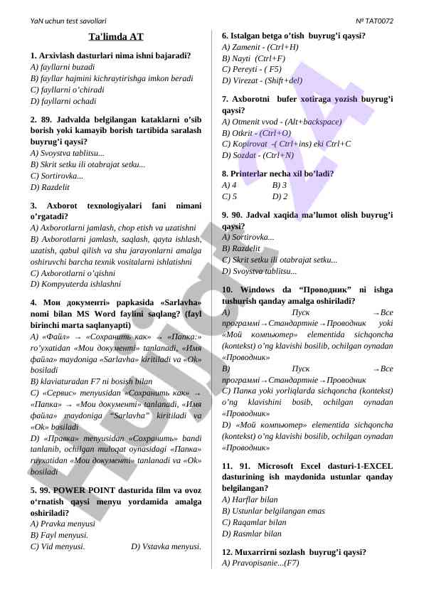 Axborot texnologiyalari fani bo'yicha test savollari