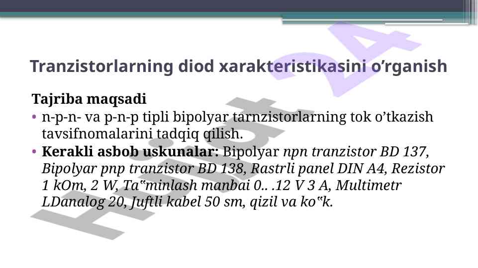 Tranzistorlarning diod xarakteristikalarini o‘rganish