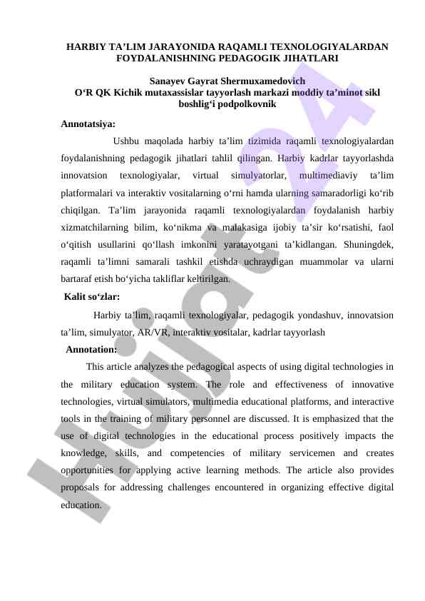Harbiy ta'limda raqamli texnologiyalar foydasi