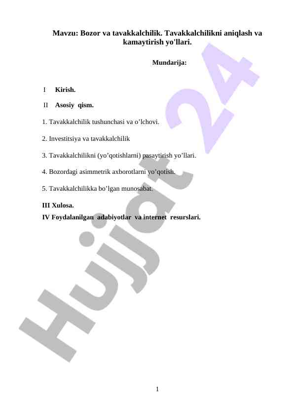 Bozor va tavakkalchilik: tahlil va yechimlar