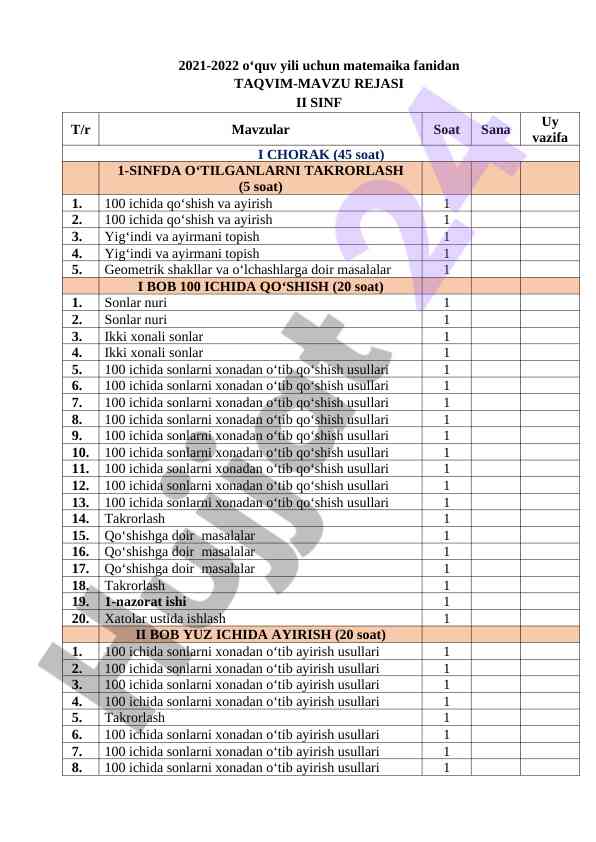 Matematika fanidan ta'lim rejasi ii sinf