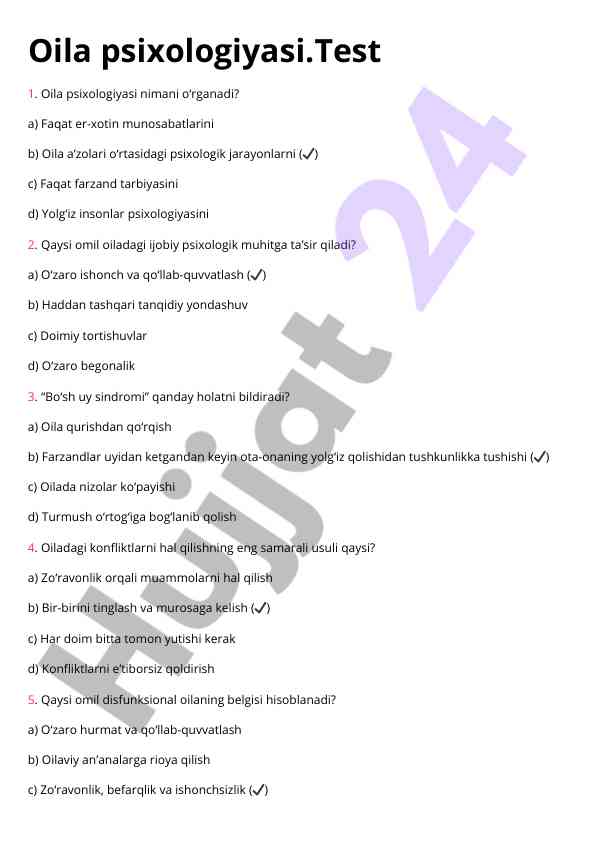 Oila psixologiyasi test savollari