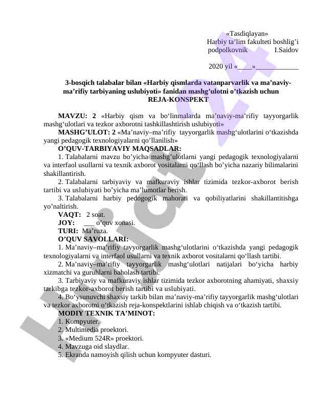 Harbiy qismlarda vatanparvarlik tarbiyasi reja