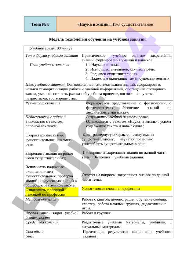 Model tехнологии обучения на учебном занятии