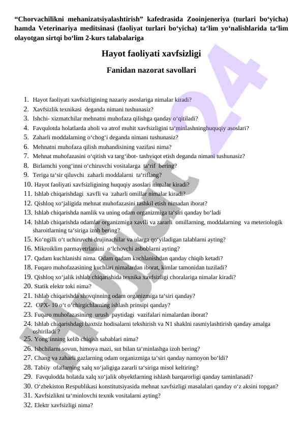 Hayot faoliyati xavfsizligi bo'yicha nazorat savollari