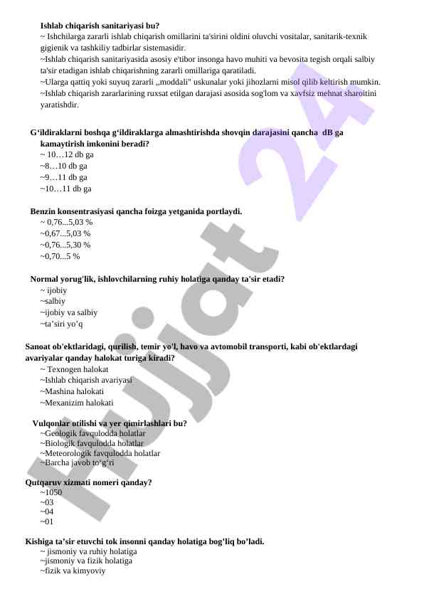 Ishlab chiqarish sanitariyasi va xavfsizlik talablari