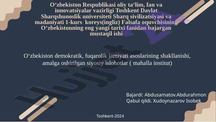 Mustaqil ish o‘zbekistonning eng yangi tarixi fanidan